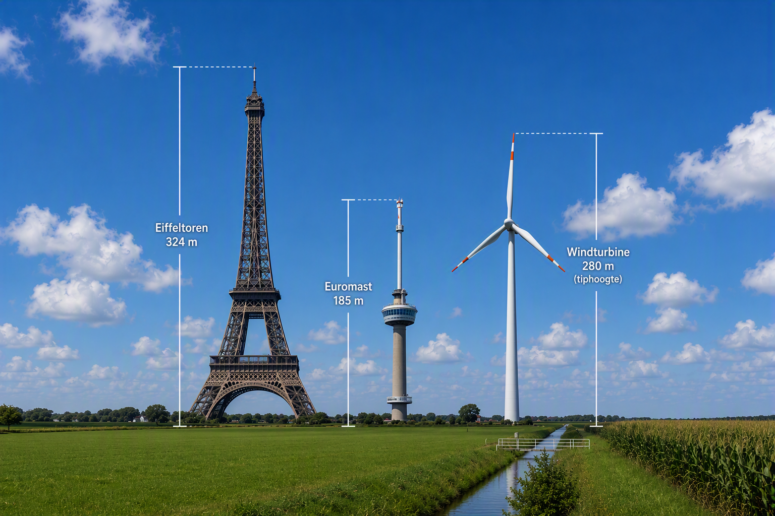 Hoogtevergelijking: Eiffeltoren 324 m, Euromast 185 m en een windturbine met een tiphoogte van 280 m in het landschap